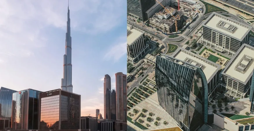 Split-screen skyline comparison: on the left, Downtown Dubai with the towering Burj Khalifa and reflective glass buildings under a pastel sky at sunset; on the right, Business Bay’s high-rise towers lining the waterfront under a clear blue sky, with turquoise water in the foreground.